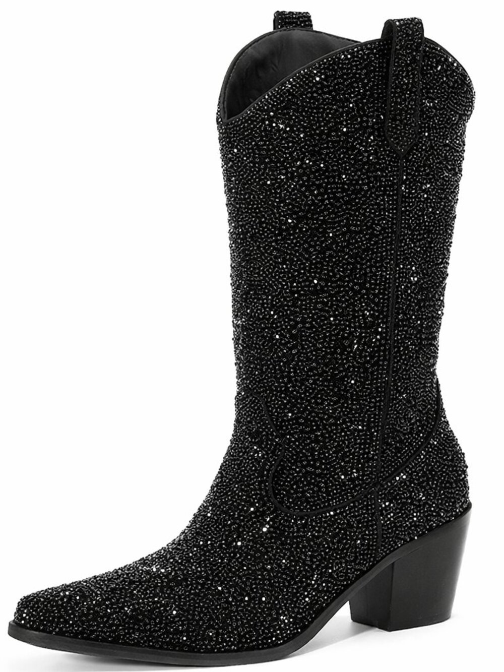 Women's Black-a faux leather Pointed Toe Heel Cowgirl Boots with Pull On Tabs - Picture 1 of 4